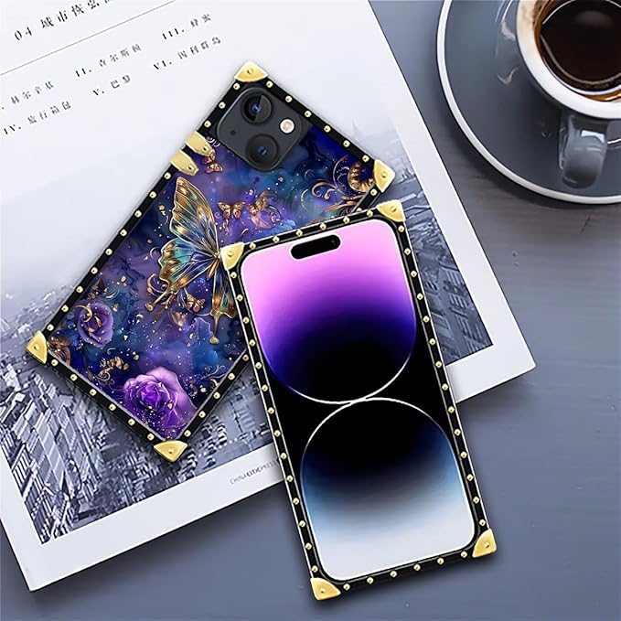 Compatible with iPhone 14 Case, Glistening Golden Butterfly Vibrant Purple Blue Luxury Golden Decoration for Girl Women Soft TPU Shockproof Protective Hard PC Back for iPhone 14
