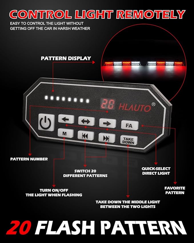 HLauto 604N Emergency Dash Strobe Lights: 2x16.8 inch Red White Security Light w/Take Down, 48 LED Safety Flashing Warning Hazard Interior Windshield Light Bar for Trucks Vehicles