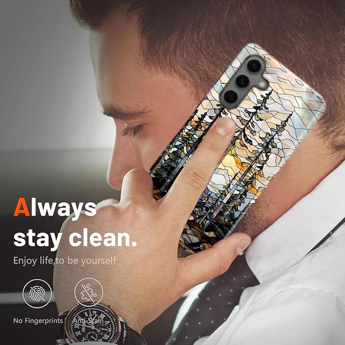 Compatible for Samsung Galaxy A36 5G Case, Dual Layer Heavy Duty 2 in 1 Shockproof Protective Phone Case,Stained Glass Forest and Sunset