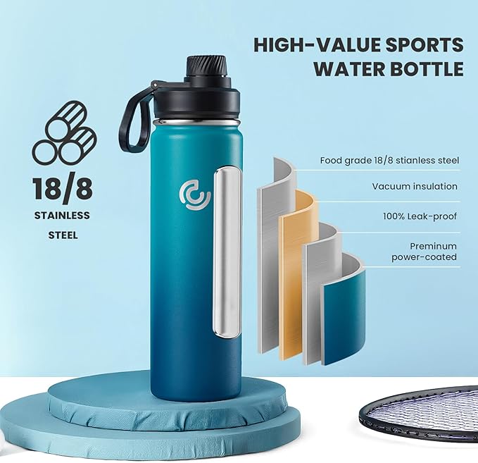 Sports Water Bottle 22oz, Insulated Water Bottle with Handle,Stainless Steel,Simple Modern,Suitable for Travel, School, Boy, Girl(Dark Night)