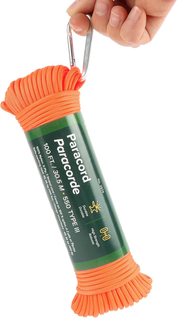 Coghlan’s Paracord 100 ft – Type III 550 Nylon Cord, 7-Strand Core, 550 lb Strength – for Camping, Survival, Outdoor Use – Orange
