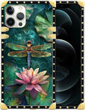 Compatible with iPhone 12 Case, Colourful Dragonfly Pink Lily Pads Luxury Golden Decoration for Girl Women Soft TPU Shockproof Protective Hard PC Back for iPhone 12 Pro