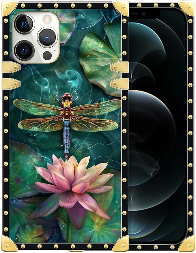 Compatible with iPhone 12 Case, Colourful Dragonfly Pink Lily Pads Luxury Golden Decoration for Girl Women Soft TPU Shockproof Protective Hard PC Back for iPhone 12 Pro