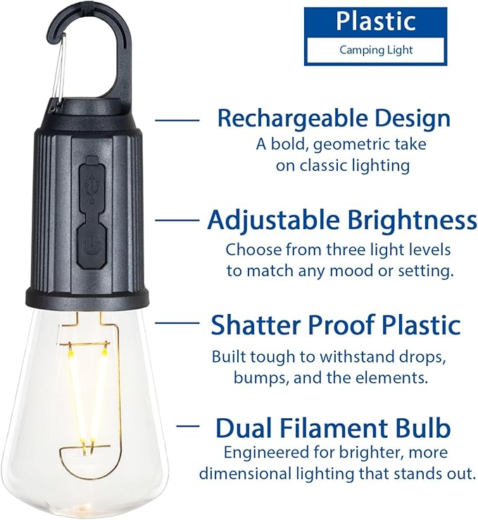 4-Pack Rechargeable Camp Light, Warm White LED Conical Bulb, Battery Powered with USB-C, Shatterproof Globe on Carabiner, 3 Brightness Levels