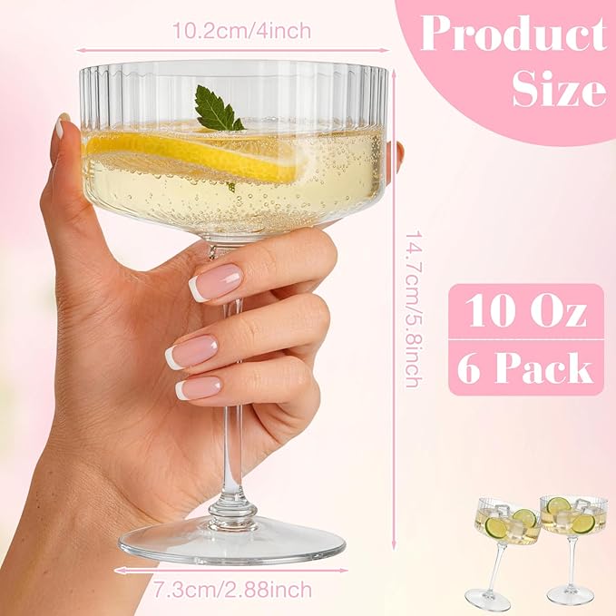 PLULON 6 Pcs Clear Martini Glasses Set 10 Oz Plastic Ribbed Coupe Glass, Cocktail Glasses Champagne Cup Tower Vintage Margarita Glassware for Cocktail Wine Bar Drinking Wedding Party Outdoor Events