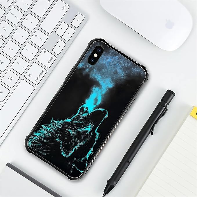 for iPhone X/Xs Case, Blue Breathing Wolf Pattern Graphic Design Girl Boy Soft Silicone Hard Acrylic Shock Protection for iPhone X/Xs