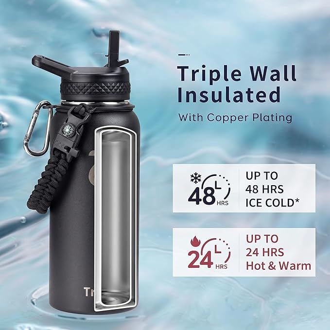 Trebo 32 oz Water Bottle Insulated with Lid and Straw,Triple Wall Vacuum Stainless Steel Metal Tumbler Sports Flask with Paracord Handle, Keep Hot 24 Hours & Cold 48 Hours Water Cup with 3 Lids, Black