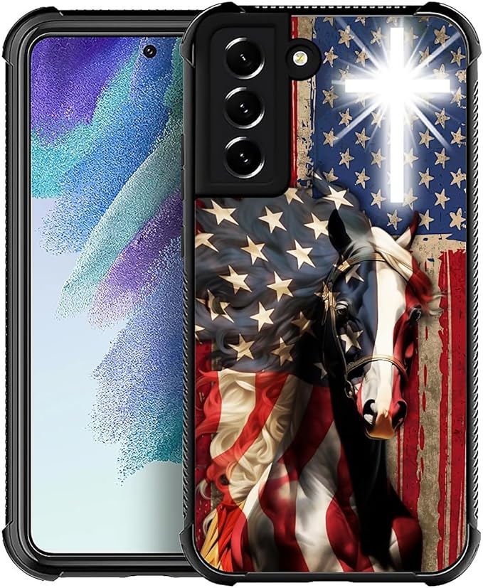 for Samsung Galaxy S21 Case, Red American Flag Horse Cross Pattern Graphic Design Girl Boy Soft Silicone Hard Acrylic Shock Protection for Samsung Galaxy S21
