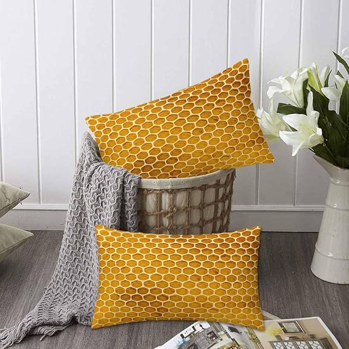 Bee Honeycomb Throw Pillow Covers 12 X 20 Yellow Honey Abstract Set of 2 Pillow Cases Rectangular Velvet Outdoor Pillowcases Decorative for Home Bed Sofa Couch Hotel