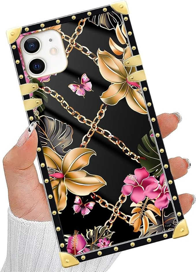 Compatible with iPhone 11 Case, Pink Golden Chain Tropical Flower Luxury Golden Decoration for Girl Women Soft TPU Shockproof Protective Hard PC Back for iPhone 11