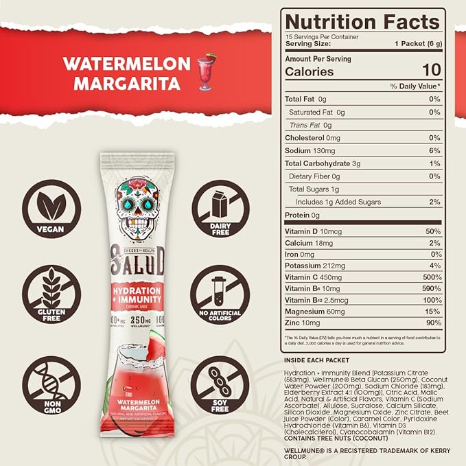 Salud 2-in-1 Hydration Packets + Immunity Electrolytes Powder, Watermelon Margarita - Agua Fresca Drink Mix, Elderberry, Dairy & Soy Free, Non-GMO, Gluten Free, Vegan, 1g Sugar (15 Servings)