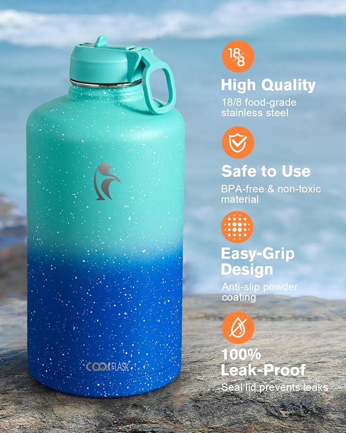 Coolflask 128 oz Gallon Water Bottle Insulated with Straw&3 Lids, Water Jug Large Stainless Steel Metal Vacuum Wide Mouth for Sports, Gym or Office, Non-BPA Keep Cold 48H Hot 24H, Glacier Blue
