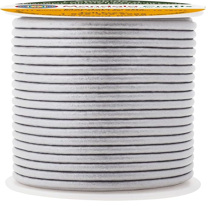 Mandala Crafts Round Genuine Silver Leather Cord for Jewelry Making – 1mm Cowhide Leather Rope String Lace for Kumihimo – 20 Yards Cowhide Craft Cording Spool
