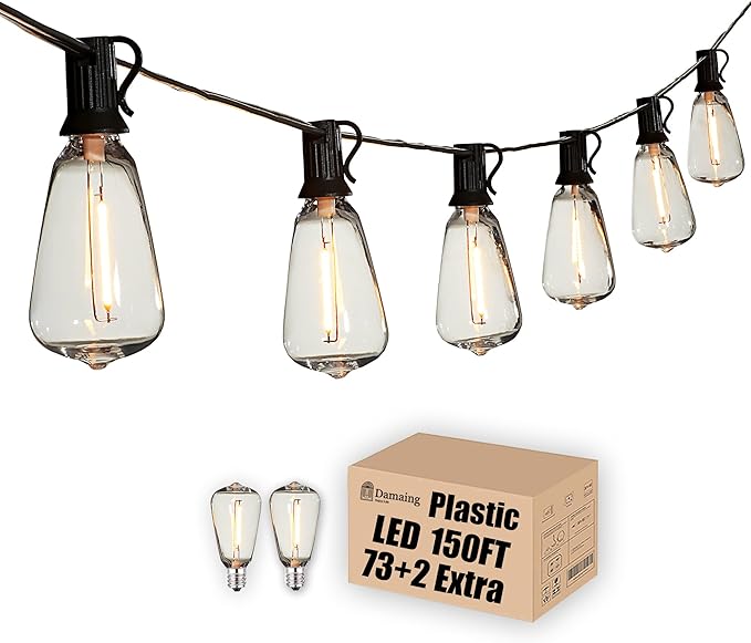DAMAING Outdoor String Lights 150 FT Patio Lights String with 75 Dimmable ST38 Plastic LED Bulbs,Vintage Shatterproof Edison String Lights Waterproof for Bistro Balcony Backyard and Gazobos.