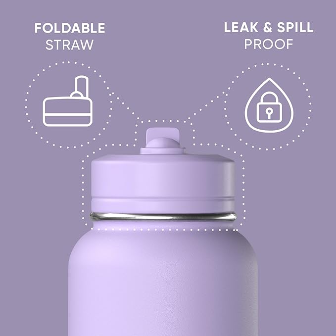 Hydrapeak 32oz Sport Insulated Water Bottle with Straw & Chug Lid, Leak & Spill Proof, Keeps Drinks Cold for 24 Hours, Hot for 12 Hours, Premium Stainless Steel Water Bottles (32oz, Digital Lavender)