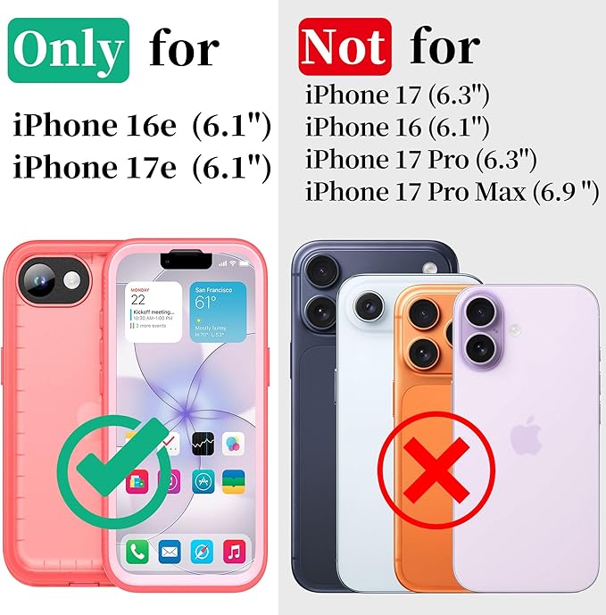 Cozycase Girls Womens Ladies Case for iPhone 16e/iPhone 17e Waterproof Impact Smash Dust Shock Proof Indestructible 16/17 e Around Enclosed Underwater Swimming Case with Lanyard Strap Frosted Pink