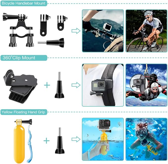 SmilePowo 51-in-1 Action Camera Accessories Kit for GoPro Hero 11 10 9 8 Max 7 6 5 4 3 3+ 2 1 Black GoPro 2018 Session Fusion Silver White Insta360 DJI AKASO APEMAN YI Campark XIAOMI Action Camera