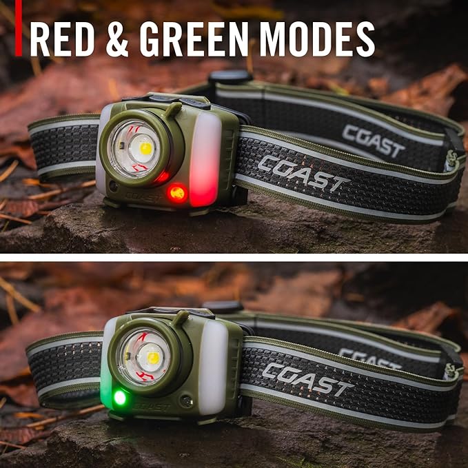 Coast FL97R Voice-Controlled 1200 Lumen Rechargeable LED Headlamp with Pure Beam® Spot & Flood, ARC Lighting, Red & Green Color Modes, Glide Focus™ Radial Arm Dial and USB-C Charge Port, Forest Green