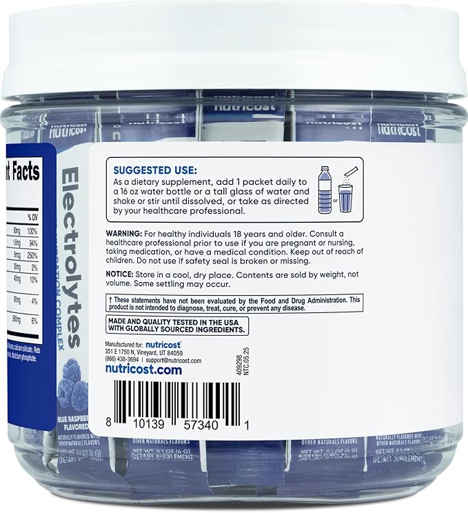 Nutricost Electrolytes Complex, Blue Raspberry Flavored, 40 Stickpacks - Advanced Hydration Complex