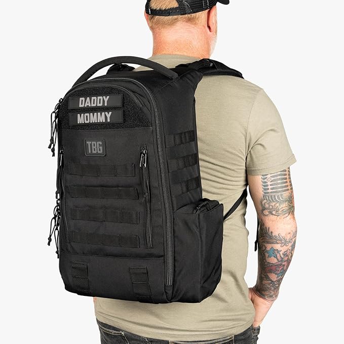 Tactical Baby Gear Daypack Tactical Diaper Bag Backpack for Dads - MOLLE compatible, Built-in Changing Mat, Stroller Straps (Black 4th Gen)