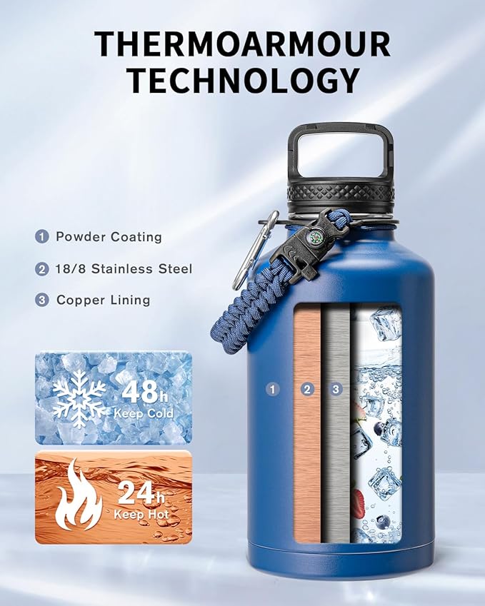 Trebo Water Bottle 64oz with Paracord Handle, Half Gallon Large Vacuum Triple Wall Stainless Steel Insulated Water Jug with Holder Strap Straw Spout Lids, Leakproof Keep Cold & Hot,Classic Blue