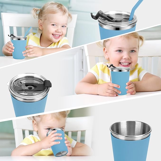 Kids Cups with Straws and Lids Leak Proof, 12oz Stainless Steel Cups for Kids Toddlers, Spill Proof Cup Stainless Steel Kid Cup with Lids for Home School, Outdoor, 4 Pack