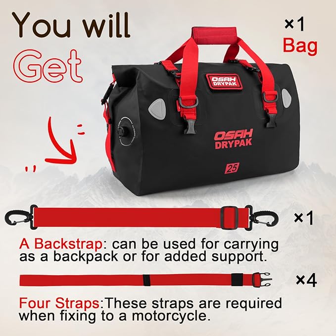 OSAH DRYPAK Waterproof Duffel Bag - Motorcycle Dry Bag Tail Bag with Large Storage Space, Waterproof Luggage Duffle Bags with Outer Mesh Zipper Pocket for Camping, Kayaking, Fishing & Traveling
