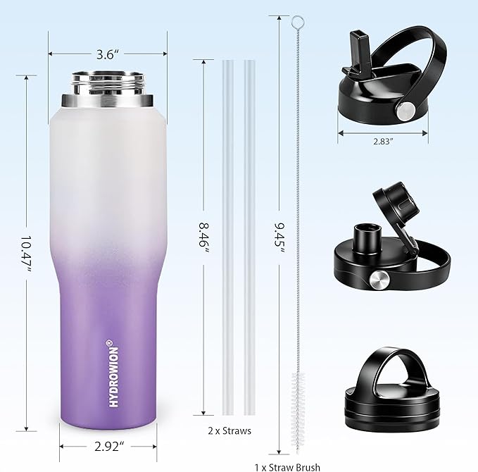 HYDROWION Stainless Steel Water Bottle, 32oz Tumbler Water Flask W/Straw Lid, Spout Lid and Flex Cap, Insulated Water Bottle (Cold for 48 Hrs,Hot for 24 Hrs) Fit in Any Car Cupholder,White&Purple