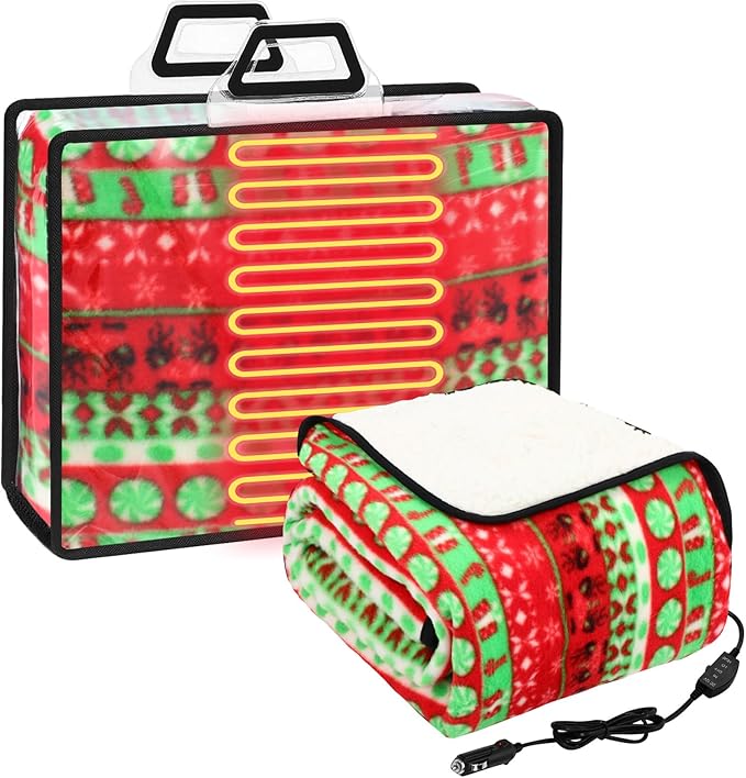 Riakrum 12V Heated Blanket for Car with 2 Heating Levels Winter Electric Blanket Warm Throw Gift, Plugs into Car Truck SUV RV and Camping, 58 x 43 Inch(Christmas)