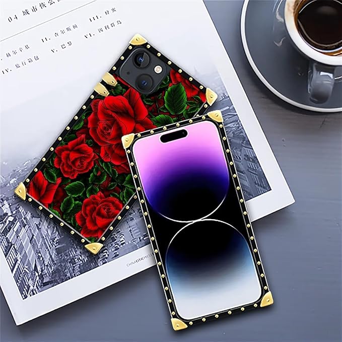 Compatible with iPhone 14 Case, Vector Red Rose Green Leaf Luxury Golden Decoration for Girl Women Soft TPU Shockproof Protective Hard PC Back for iPhone 14