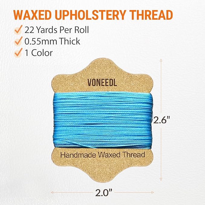 VONEEDL Upholstery Repair Kit: Waxed Sewing Thread (Light Blue Color) & Heavy Duty Needles (11 PCS) for Leather, Canvas & Quilting Thread