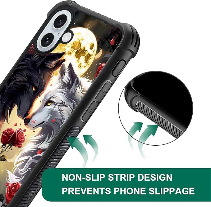 for iPhone 16 Plus Case, Black White Wolf Moon Flower Rose Pattern Graphic Design Girl Boy Soft Silicone Hard Acrylic Shock Protection for iPhone 16 Plus