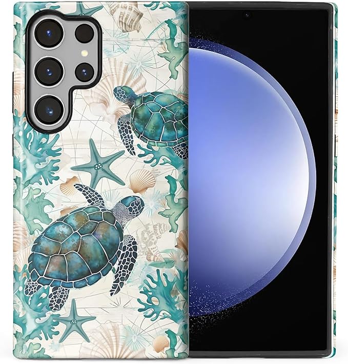 for Samsung Galaxy S23 Ultra Case,HL2 Ocean Sea Turtle Nautical Map Hybrid 2 Layer Hard Shell Silicone Protective Pattern Design Case