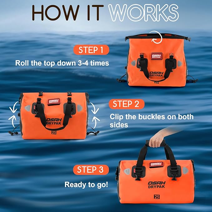 OSAH DRYPAK Waterproof Duffel Bag - Motorcycle Dry Bag Tail Bag with Large Storage Space, Waterproof Luggage Duffle Bags with Outer Mesh Zipper Pocket for Camping, Kayaking, Fishing & Traveling