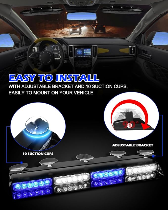 HLauto 604N Emergency Dash Strobe Lights: 2x16.8 inch Blue White Security Light w/Take Down, 48 LED Safety Flashing Warning Hazard Interior Windshield Light Bar for Trucks Vehicles
