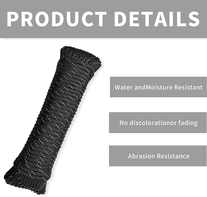Paracord Rope, Reflective III Parachute Cord 7 Strand Core 550lb, 50ft Black - High Visibility Abrasion Resistant Easy to Tie, Multi-Purpose Rope for Camping Survival DIY
