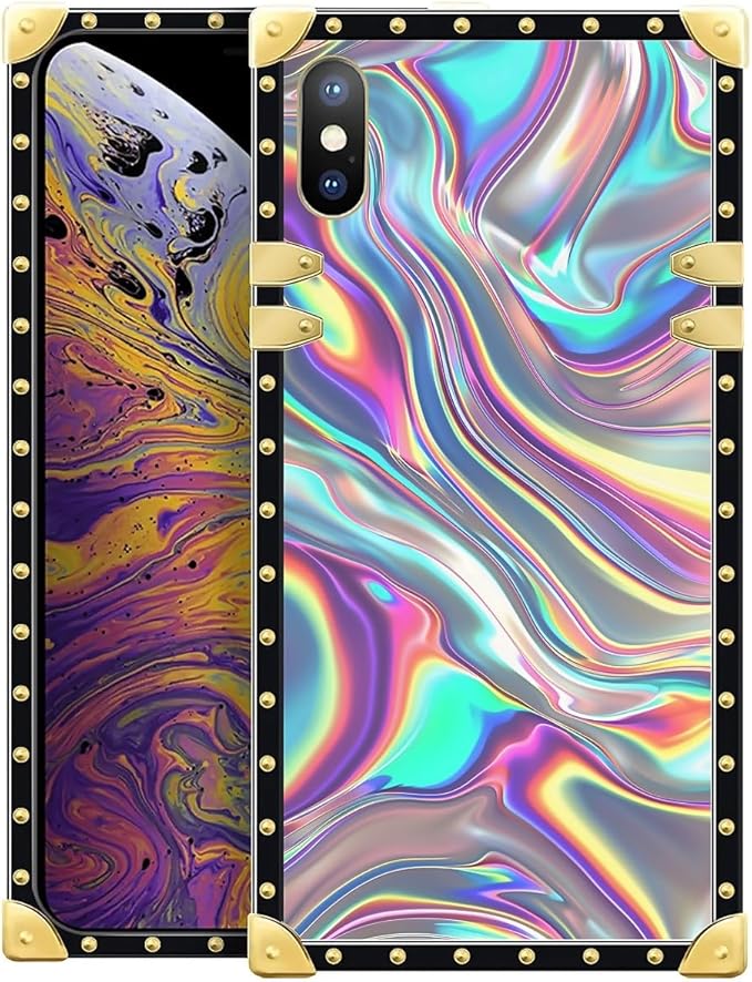 Compatible with iPhone Xs Max Case, Holographic Abstract Iridescent Textures Luxury Golden Decoration for Girl Women Soft TPU Shockproof Protective Hard PC Back for iPhone Xs Max