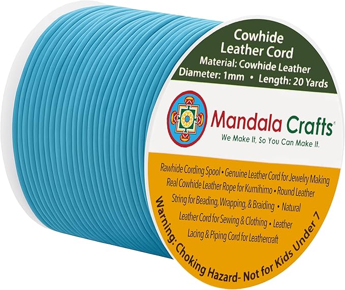 Mandala Crafts Round Genuine Turquoise Leather Cord for Jewelry Making – 1mm Cowhide Leather Rope String Lace for Kumihimo – 20 Yards Cowhide Craft Cording Spool