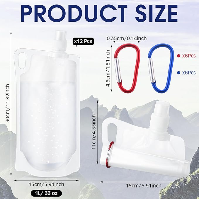 Maxdot 12 Pack 1L Collapsible Travel Water Bottles with Clip 33 oz Clear Foldable Water Pouch Container Bag for Hiking Backpacking Camping Travel Emergency