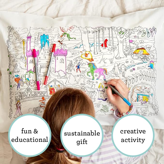 eatsleepdoodle - Coloring Pillowcase for Kids – Reusable DIY Pillow Cover with Washable Markers, Educational Arts & Crafts Activity for Boys & Girls, Fun Gift for Creative Play, Machine Washable