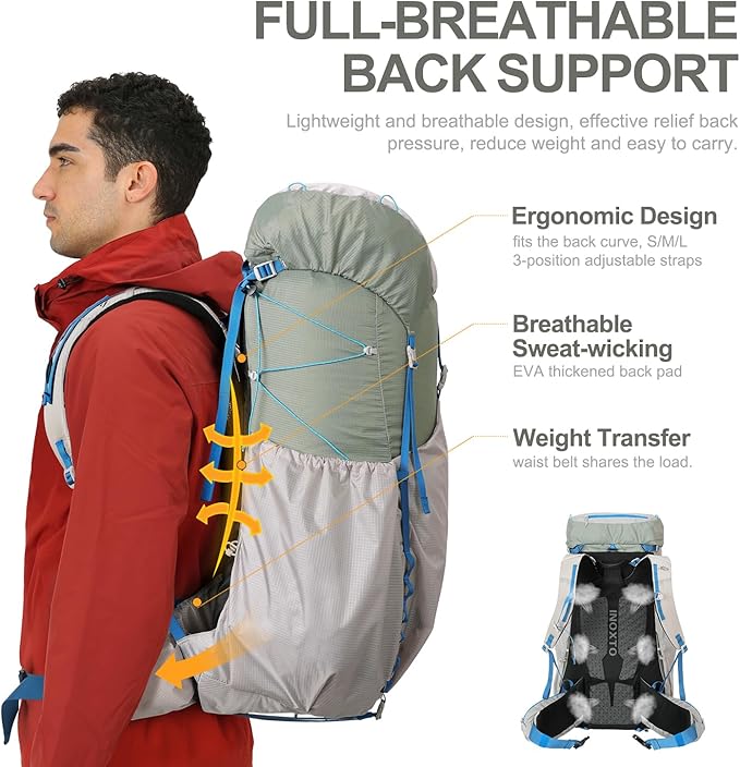IX INOXTO 55L Internal Frame Waterproof Hiking Camping Backpack with 3L Water Bladder and Rain Cover, Large Lightweight Travel Daypack Rucksack for Climbing (Light Gray)