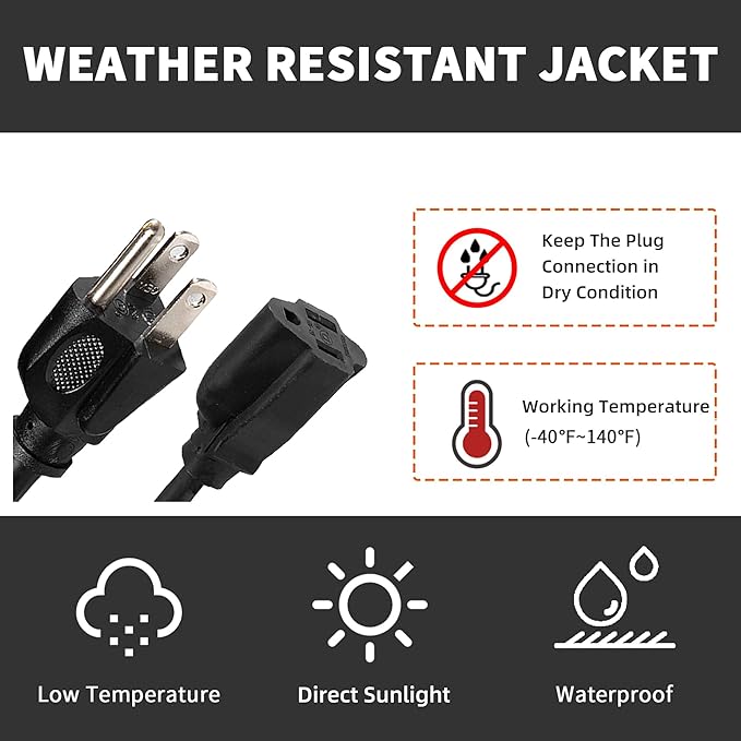 10FT Outdoor Extension Cord-16/3 SJTW Durable Black Extension Cord for Christmas Lights with 3 Prong Grounded Plug for Safety,Great for Outside Christmas Decorations