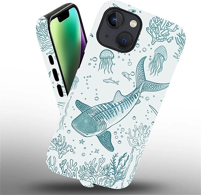 for iPhone 13/14 Case,HH2 Ocean Whale Shark Hybrid 2 Layer Hard Shell Silicone Protective Pattern Design Case