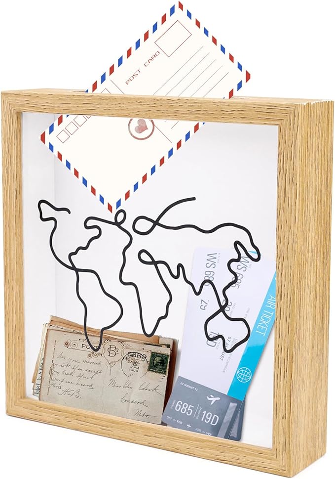 ASTIMESA 7.8" x 7.8" Adventure Archive Box Display Case, Transparent Travel Shadow Box Frame with Slot on Top, Map Travel Memories Holder for Keepsakes Gift Concert Ticket Photo (Beige)