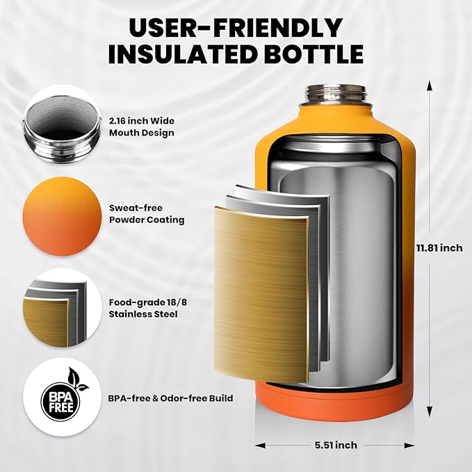 RAYMYLO One Gallon Water Bottle Insulated, Triple Walled Vacuum Stainless Steel (Cold for 48 Hrs), Leak Proof & Non-BPA, Large Water Flask Jug with Paracord Handle & Straw Spout Lids