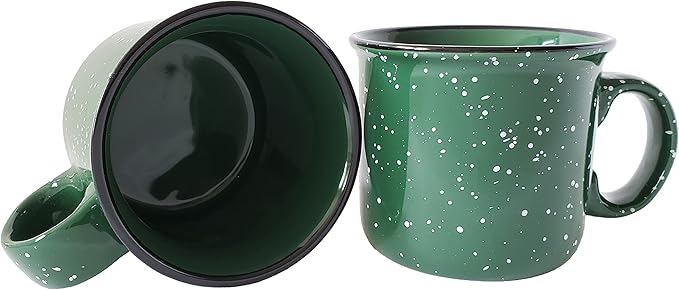 14oz Ceramic Campfire Coffee Mug (Set of 4), Green with Speckled Finish - Durable Thick Walled Camping Style Cup for Outdoors or Home