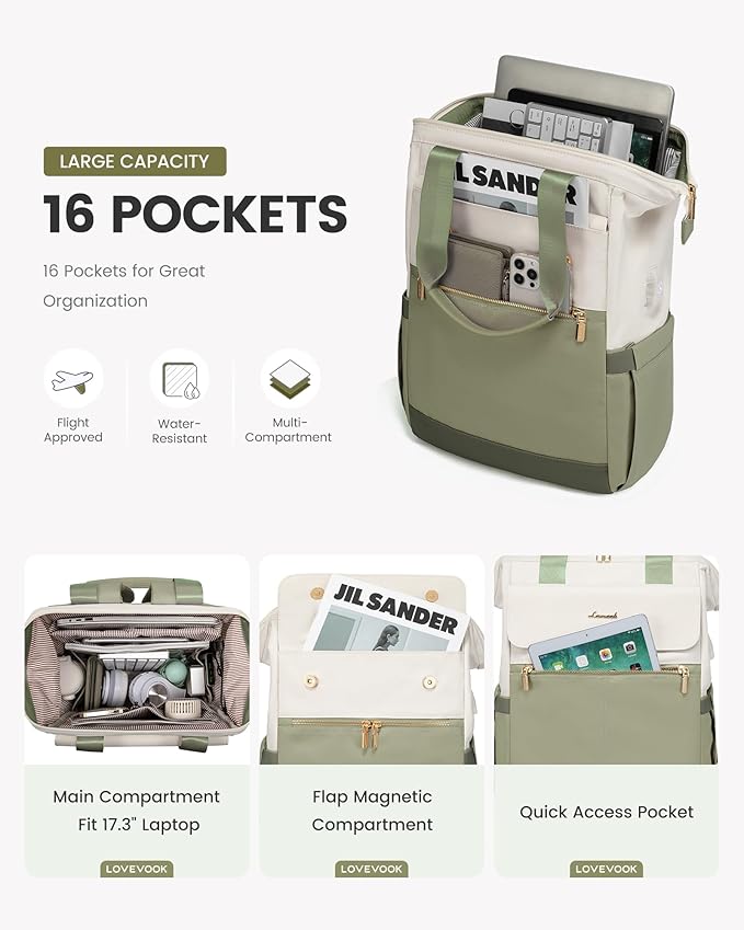 LOVEVOOK 17.3 Inch Laptop Backpack for Women, Large Capacity Travel Backpack with Organizer Bag,Waterproof Carry on Backpack Work Bag with USB Port,Teacher Nurse Backpack Purse,2PCS,Beige-Bean Green