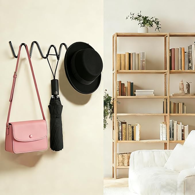 Black Wall Mounted Coat Rack, Decoration Wave Shaped Wall Hooks, Multi-Purpose Hooks for Coat, Hat, Bag, Umbrella, Heavy-Duty Metal Rail for Bedrooms, Living Rooms, Bathrooms(11.81" x 2.56")