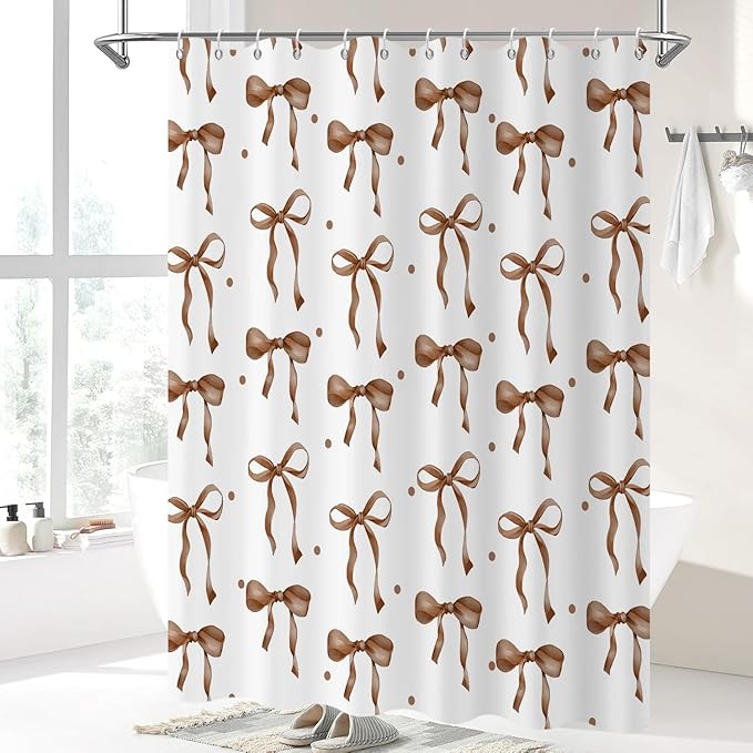 Brown Bow Shower Curtain, Brown and White Modern Aesthetic Bowknot with Polka Dot Cute Girly Bathroom Curtain Waterproof Fabric Machine Washable with Hooks, 36" Wx72 L