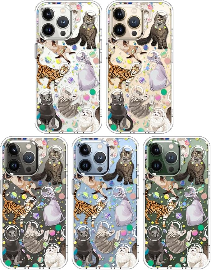MOSNOVO Case for iPhone 13 Pro, [Buffertech 6.6ft Military-Grade Drop Protection] [Anti Peel Off Tech] Clear TPU Bumper Phone Case Cover Design - Space Cat